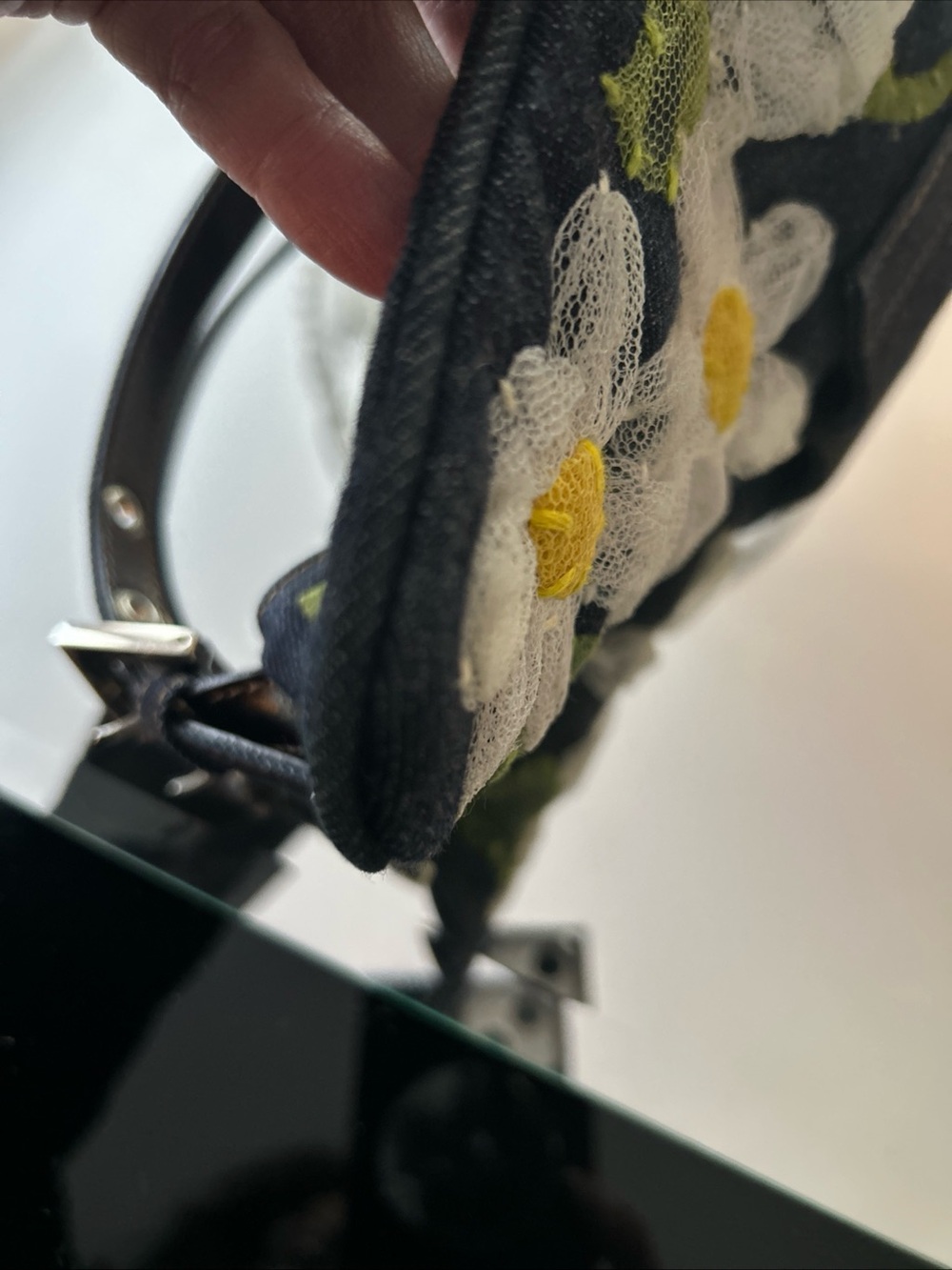 Fendi Denim Baguette with White & Yellow Floral Appliqués and Silver Buckle - Picture 8 of 11
